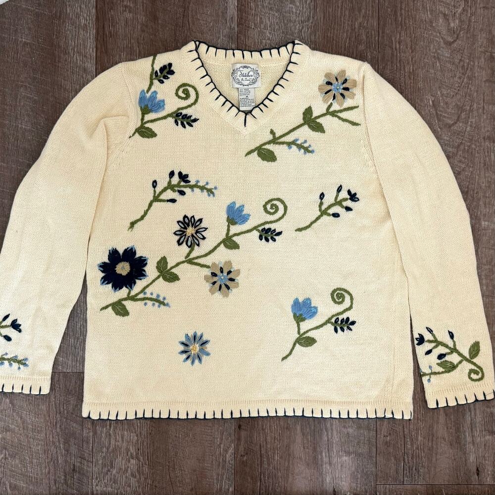 Vintage Stitches In Time Embroydered Floral Granny Sweater Ramie Cotton Medium
